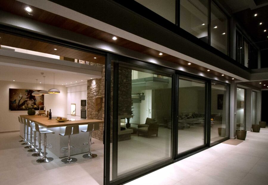 The sliding glass wall in the evening