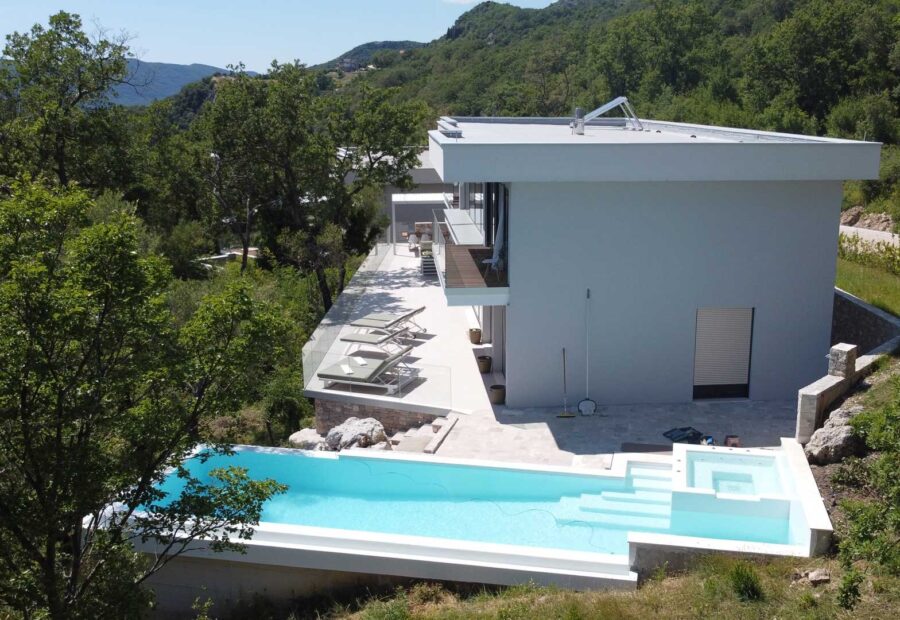 The house and pool from the air